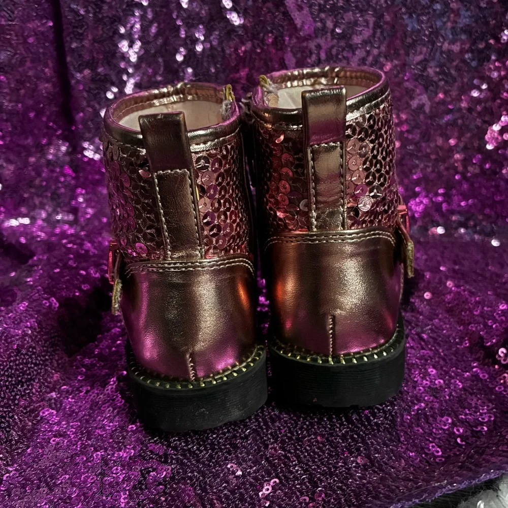 5/$20 Lil Moto Glam Toddler Girl Metallic Pink Sequin Zip Combat Boots Sz 8 GUC